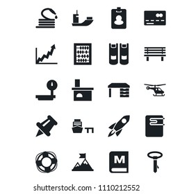 Set of vector isolated black icon - credit card vector, helicopter, book, abacus, desk, hose, bench, fireplace, sea shipping, port, heavy scales, paper pin, menu, water heater, pass, motivation, tie