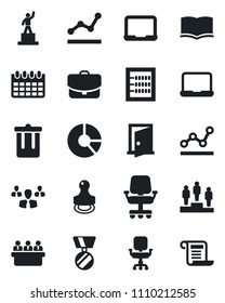 Set of vector isolated black icon - trash bin vector, book, pedestal, medal, notebook pc, meeting, calendar, circle chart, abacus, office chair, point graph, stamp, door, group, case, contract