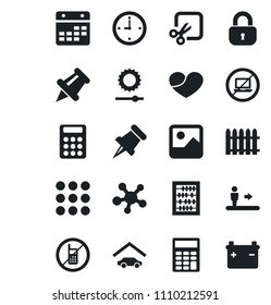 Set of vector isolated black icon - escalator vector, no mobile, laptop, abacus, fence, share, heart, paper pin, menu, gallery, calendar, brightness, cut, clock, calculator, garage, lock, battery