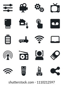 Set of vector isolated black icon - office phone vector, radio, antenna, tv, video camera, remote control, touch screen, battery, tuning, record, wireless, face id, notebook pc, home, router, gear