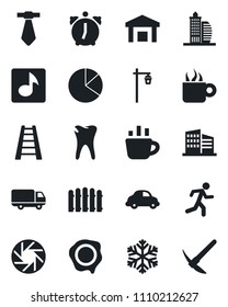 Set of vector isolated black icon - coffee vector, stamp, fence, ladder, garden light, run, caries, car delivery, warehouse, mobile camera, alarm, music, pie graph, office building, snowflake, tie