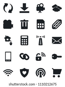 Set of vector isolated black icon - antenna vector, trash bin, clouds, mail, heart shield, video camera, chain, mobile, update, sim, download, calculator, key, wireless, hot dog, home control, lock