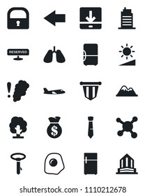 Set of vector isolated black icon - left arrow vector, plane, pennant, tree, lungs, molecule, download, brightness, lock, tie, mountains, city house, reserved, omelette, smoke detector, fridge