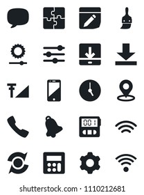 Set of vector isolated black icon - cell phone vector, call, message, settings, tuning, themes, calculator, clock, stopwatch, bell, notes, download, wireless, brightness, place tag, cellular signal