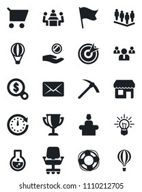 Set of vector isolated black icon - reception vector, team, meeting, target, clock, office chair, money search, investment, idea, cart, flask, flag, crisis management, mail, award cup, storefront