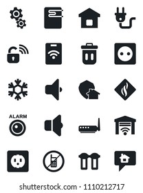Set of vector isolated black icon - no mobile vector, smart home, socket, power plug, wireless lock, water heater, router, snowflake, gear, filter, smoke detector, sound, garage gate control