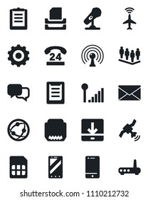 Set of vector isolated black icon - plane radar vector, mobile phone, gear, mail, team, 24 hours, clipboard, microphone, antenna, satellite, network, cell, dialog, hdmi, sim, download, paper tray
