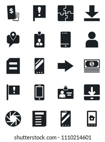 Set of vector isolated black icon - right arrow vector, mobile phone, identity card, document, important flag, cash, tracking, cell, camera, user, download, application, restaurant receipt