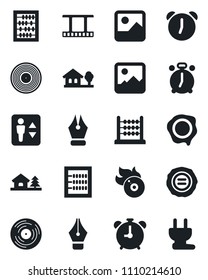 Set of vector isolated black icon - elevator vector, alarm clock, abacus, stamp, film frame, vinyl, flame disk, gallery, ink pen, house with tree, power plug