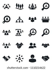 Set of vector isolated black icon - handshake vector, hierarchy, team, patient, group, hr, meeting, client search, consumer