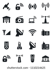 Set of vector isolated black icon - antenna vector, satellite, wireless notebook, office phone, radio, remote control, cellular signal, lock, garage gate