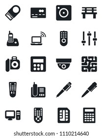 Set of vector isolated black icon - credit card vector, wireless notebook, pen, bench, camera, remote control, radio phone, mobile, tuning, calculator, sim, chip, pc, usb flash, surveillance