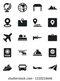 Set of vector isolated black icon - plane vector, suitcase, baggage conveyor, airport bus, reception bell, passport, globe, boarding, helicopter, case, navigation, sea shipping, place tag, mountains