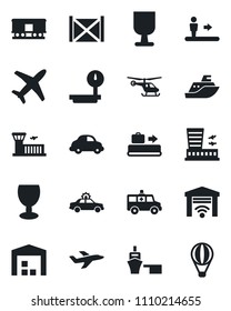 Set of vector isolated black icon - baggage conveyor vector, escalator, alarm car, helicopter, airport building, ambulance, plane, sea shipping, delivery, port, container, fragile, heavy scales