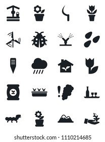 Set of vector isolated black icon - flower in pot vector, lady bug, seedling, rain, well, sickle, plant label, seeds, caterpillar, fertilizer, tulip, windmill, mountains, alcohol, eco house