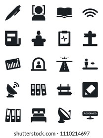 Set of vector isolated black icon - runway vector, escalator, signpost, reception, book, pen, pulse clipboard, barcode, satellite antenna, notes, wireless, face id, news, paper binder, bedroom