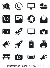 Set of vector isolated black icon - camera vector, mail, bench, cash, monitor, mobile, gallery, battery, printer, phone, salad, rocket, advertising