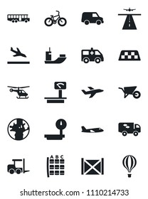 Set of vector isolated black icon - runway vector, taxi, arrival, airport bus, fork loader, plane, helicopter, seat map, wheelbarrow, ambulance car, bike, earth, sea shipping, container, moving