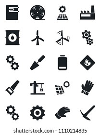 Set of vector isolated black icon - gear vector, trowel, glove, saw, flammable, oil barrel, reel, low battery, sun panel, windmill, crane, factory, water heater, hard work