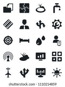 Set of vector isolated black icon - plane radar vector, bed, statistic monitor, pond, pills blister, patient, route, folder document, antenna, application, root setup, target, water supply