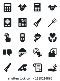 Set of vector isolated black icon - passport vector, ladder car, farm fork, saw, heart hand, touch screen, finger down, handshake, contract, estate document, waiter, remote control, combination lock