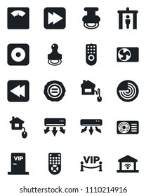 Set of vector isolated black icon - security gate vector, radar, stamp, scales, remote control, fast forward, rewind, rec button, air conditioner, vip zone, home, garage