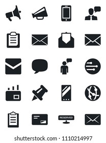 Set of vector isolated black icon - mobile phone vector, speaking man, mail, loudspeaker, network, speaker, paper pin, message, clipboard, reserved