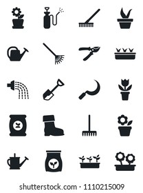 Set of vector isolated black icon - flower in pot vector, shovel, rake, seedling, watering can, pruner, boot, sickle, garden sprayer, fertilizer