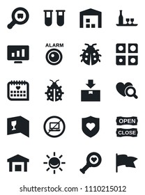 Set of vector isolated black icon - no laptop vector, statistic monitor, lady bug, blood test vial, heart diagnostic, shield, medical calendar, warehouse, package, search cargo, application, alcohol