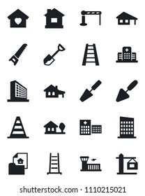 Set of vector isolated black icon - barrier vector, border cone, airport building, office, trowel, shovel, ladder, saw, house, hospital, with garage, tree, estate document, sweet home, city, crane