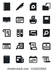 Set of vector isolated black icon - book vector, document search, pen, notepad, printer, contract, medical calendar, folder, news, copybook, schedule