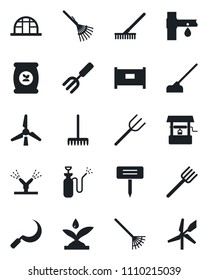 Set of vector isolated black icon - fence vector, garden fork, farm, rake, well, hoe, sickle, plant label, greenhouse, sprayer, fertilizer, drip irrigation, windmill