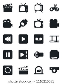 Set of vector isolated black icon - ticket office vector, clapboard, film frame, tv, gamepad, video camera, play button, pause, rewind, hdmi, record, web