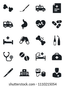 Set of vector isolated black icon - heart pulse vector, doctor case, diagnosis, stethoscope, blood pressure, pills, ampoule, scalpel, ambulance car, hospital bed, stomach, broken bone