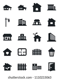 Set of vector isolated black icon - office building vector, fence, house, garden light, hospital, store, with garage, plan, sweet home, cafe, eco, door