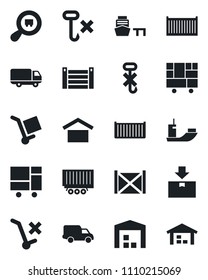 Set of vector isolated black icon - sea shipping vector, truck trailer, cargo container, car delivery, port, consolidated, warehouse storage, no trolley, hook, package, search