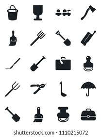 Set of vector isolated black icon - suitcase vector, baggage larry, job, shovel, farm fork, bucket, pruner, axe, scalpel, fragile, umbrella, themes, stamp, ladle, case