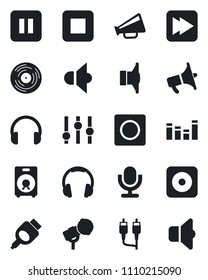 Set of vector isolated black icon - vinyl vector, microphone, speaker, loudspeaker, settings, equalizer, headphones, pause button, stop, fast forward, rec, rca, hdmi, record, sound