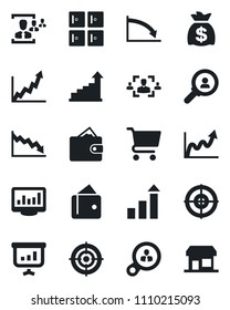 Set of vector isolated black icon - checkroom vector, growth statistic, money bag, monitor statistics, hr, target, consumer search, wallet, graph, crisis, cart, presentation, storefront