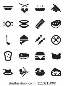 Set of vector isolated black icon - cafe vector, salad, plates, bacon, waiter, bread, chicken, steak, kebab, hamburger, ladle, bowl, rolling pin, sushi, cheese