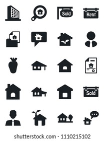 Set of vector isolated black icon - office building vector, house, real heart, with garage, tree, estate document, rent, sold signboard, search, agent, smart home, eco, message