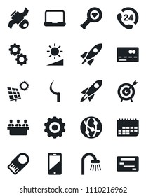 Set of vector isolated black icon - credit card vector, gear, sickle, heart diagnostic, satellite, 24 hours, term, network, cell phone, brightness, meeting, notebook pc, sun panel, bathroom, target