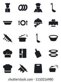 Set of vector isolated black icon - fridge vector, cook, restaurant table, cafe, hat, plates, waiter, ladle, bowl, rolling pin, cutting board, steaming pan