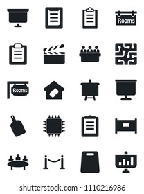 Set of vector isolated black icon - fence vector, presentation board, meeting, clipboard, clapboard, rooms, smart home, cutting, chip