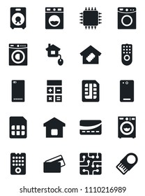 Set of vector isolated black icon - calculator vector, speaker, phone back, sim, washer, smart home, credit card, control, chip, remote, usb flash
