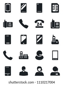 Set of vector isolated black icon - mobile phone vector, office, 24 hours, support, cell, radio, back, call, sim