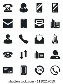 Set of vector isolated black icon - mobile phone vector, office, 24 hours, support, cell, radio, mail, call, data exchange