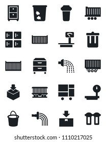 Set of vector isolated black icon - trash bin vector, checkroom, bucket, watering, railroad, truck trailer, cargo container, consolidated, package, heavy scales, archive box, water filter