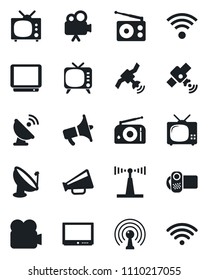 Set of vector isolated black icon - satellite antenna vector, radio, loudspeaker, tv, video camera, wireless