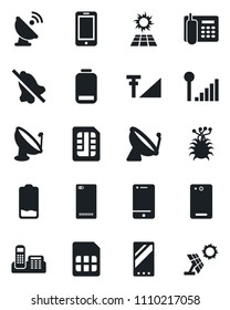 Set of vector isolated black icon - satellite antenna vector, mobile phone, virus, cell, low battery, back, sim, mute, cellular signal, office, sun panel